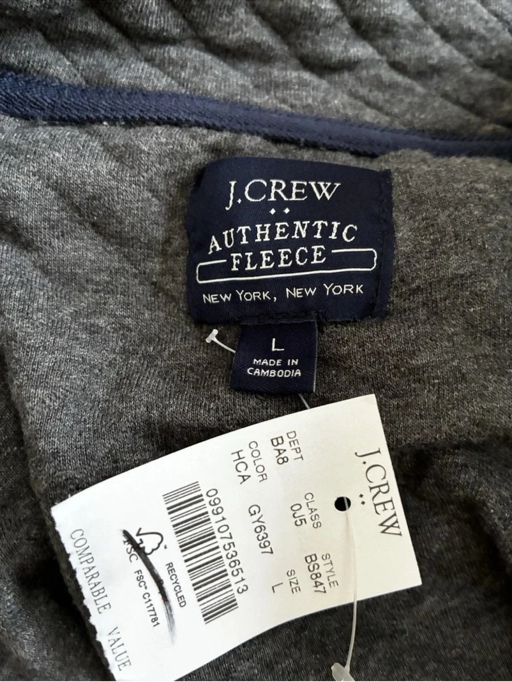 J.Crew Factory Men's Quilted Half-Zip Heater Charcoal Authentic Fleece NWT L